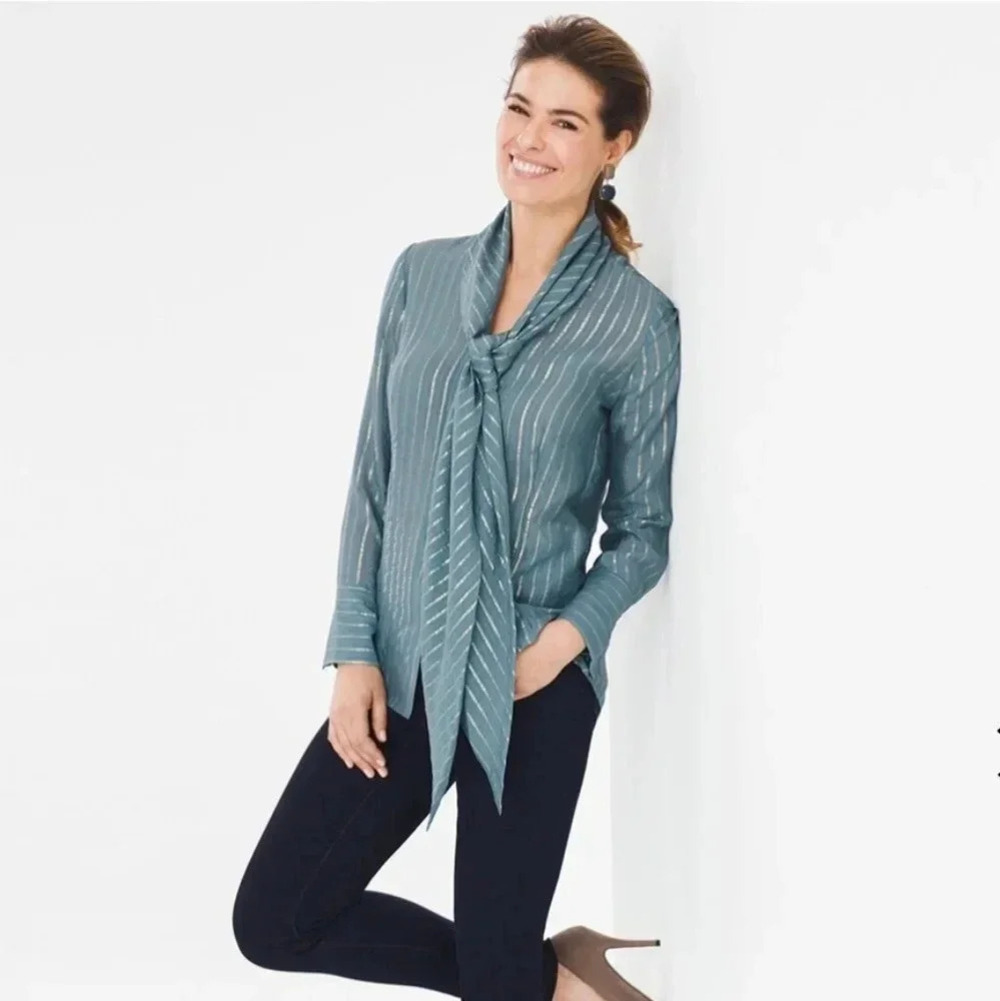 Chico's Black Label Silk Blend Metallic Blouse Blueish Grey Color Chico's Size 0